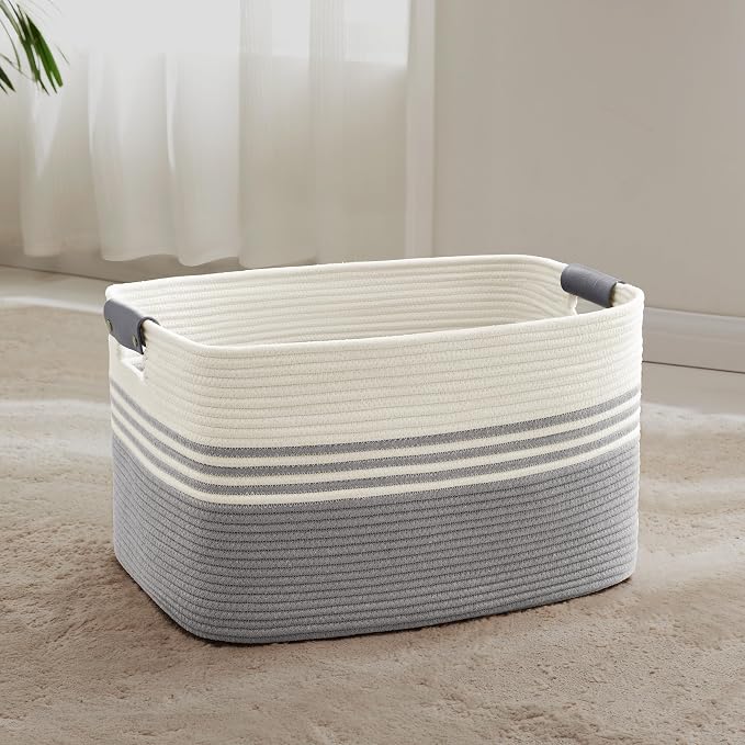 60L Large Laundry Basket with Leather Handles for Living Room Storage, Woven Rope Baskets Bin for Blanket, Kids Toy, Gifts, Wicker Hamper for Bedroom Dirty Clothes, 21"x15"x11" White Grey