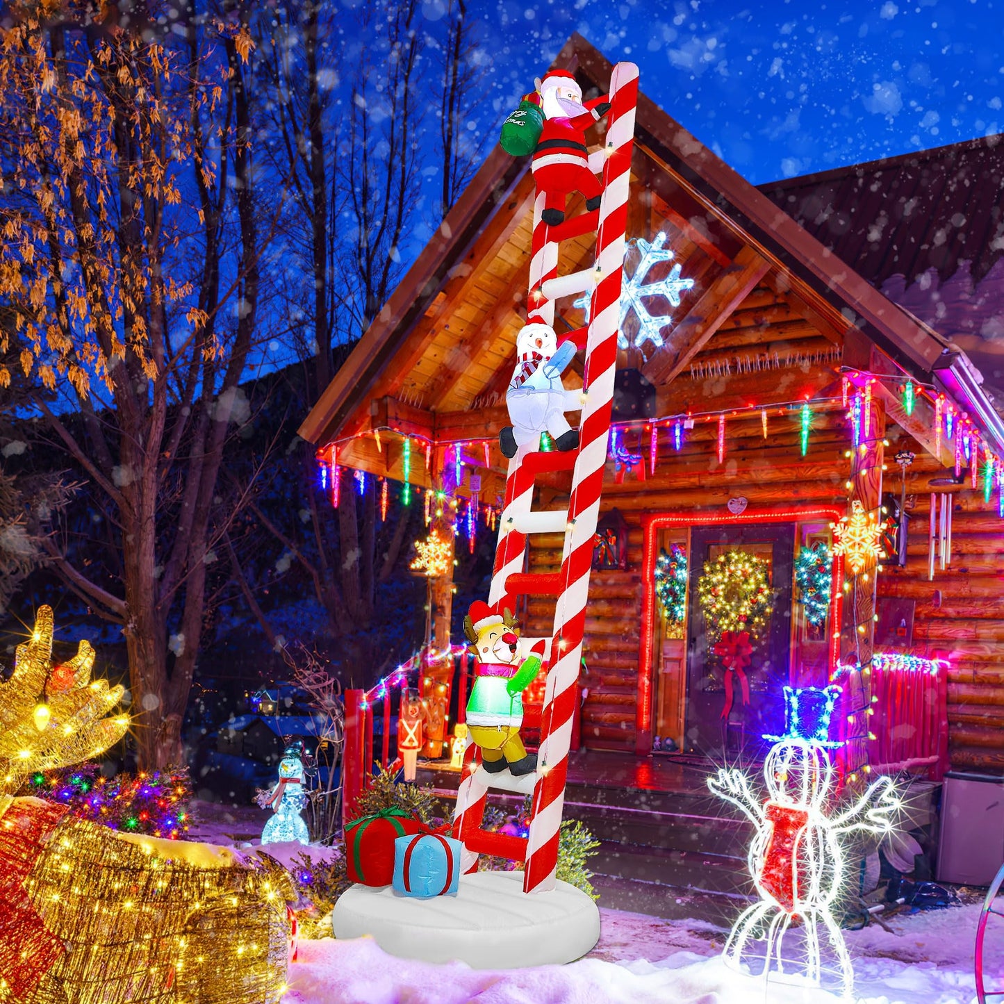 Joliyoou 10FT Christmas Inflatable Decorations, Giant Lighted Ladder Blowups Climbed with Reindeer, Santa, Snowman, C7 String Lights for Xmas Winter Holiday Roofs Trees Balconies Decor