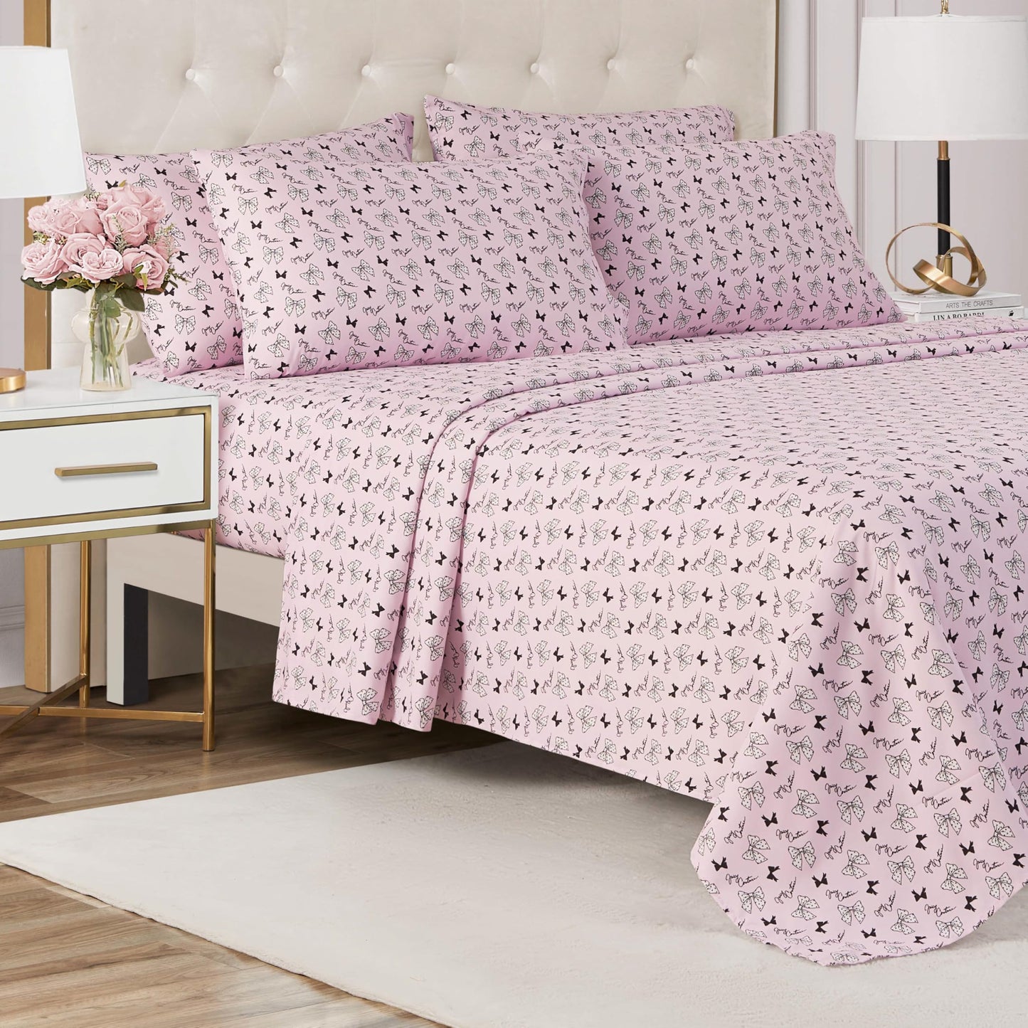 Juicy Couture Printed Microfiber 4-Piece Twin Sheet Set, Polka Dot Bow Toss Light Pink