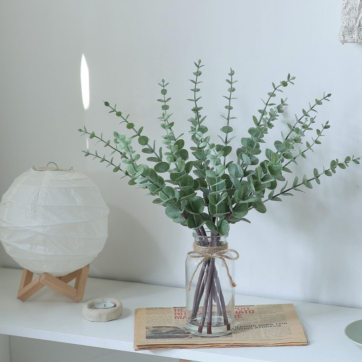 VIERENA 17.5" Artificial Eucalyptus Stems in Glass Vase with Faux Water,Fake Plant Eucalyptus Leaves White Seeds for Centerpiece Table Decorations Farmhouse Wedding Home Greenery Decor (Sage Green)
