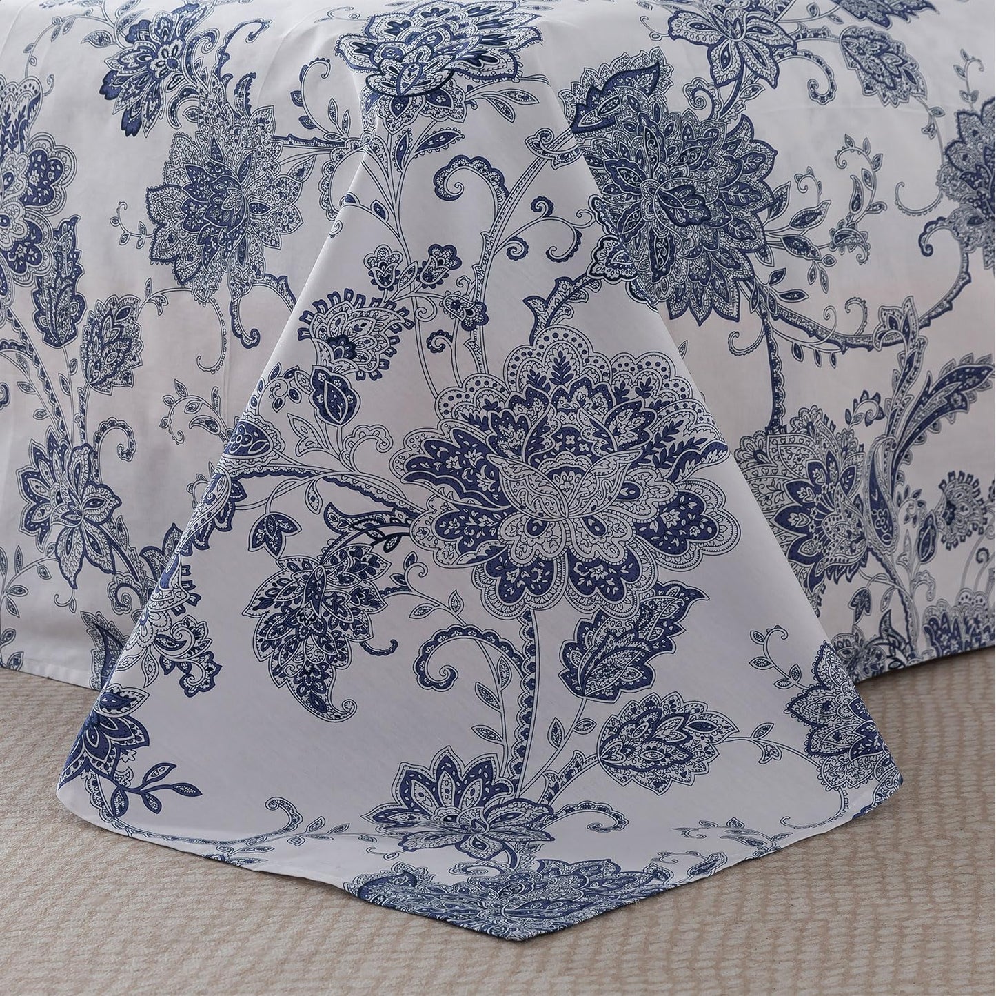 FADFAY Queen Sheets Set Percale Cotton Floral Bed Sheets Deep Pocket Fitted Sheet, Luxury Blue Floral Pattern Classic European Style Bedding for All Season, Super Soft Crisp & Breathe,4Pcs