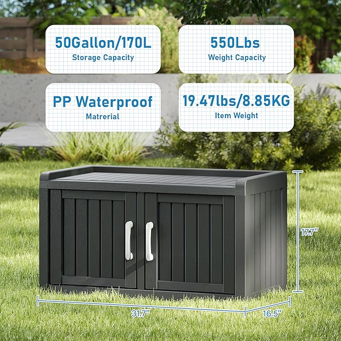 2-Tier Storage Bench, Waterproof UV-Resistant Outdoor Shoe Storage Cabinet with 2 Doors & Adjustable Shelves for Indoor Outdoor Entryway, Hallway, Living Room (Raven Black)