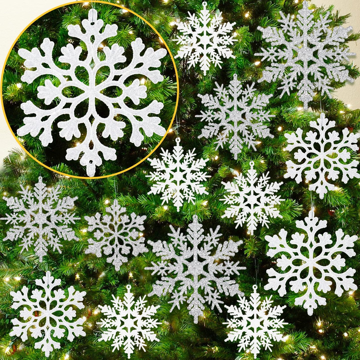 White and Silver Christmas Snowflake Ornaments- 36Pcs Plastic Glitter Hanging Snow Flakes for Christmas Tree Decorations Winter Wonderland Frozen Birthday Party Holiday Home Decor Craft Snowflakes