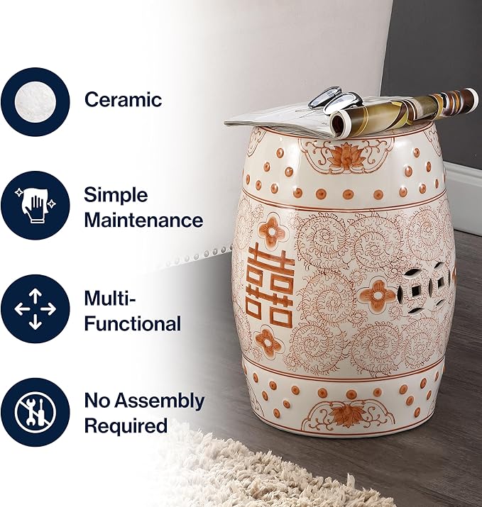 JONATHAN Y TBL1013D Double Happiness 18" Chinoiserie Ceramic Drum Indoor/Outdoor Garden Stool Bohemian, Coastal, Classic, Cottage, Traditional, Patio, Garden, Bathroom, Living Room, Orange/White