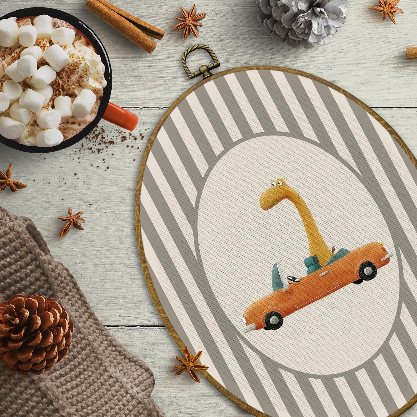 CUANFDDSF Brontosaurus Dinosaur Nursery Oval Wall Art Decor, Kids Room Wall Hanging Decor, Brontosaurus Drive Car Framed Canvas Prints for Kids Boy Nursery Room Bedroom Playroom, 8.6x11.4 Inch