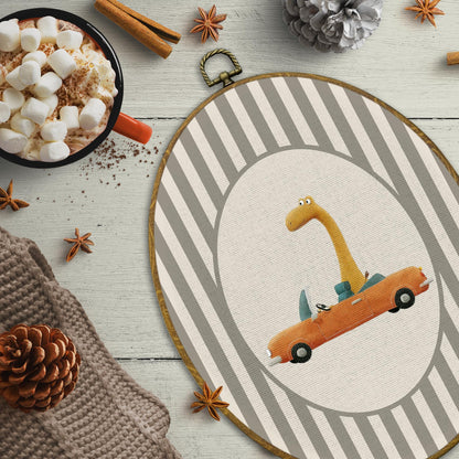 CUANFDDSF Brontosaurus Dinosaur Nursery Oval Wall Art Decor, Kids Room Wall Hanging Decor, Brontosaurus Drive Car Framed Canvas Prints for Kids Boy Nursery Room Bedroom Playroom, 8.6x11.4 Inch