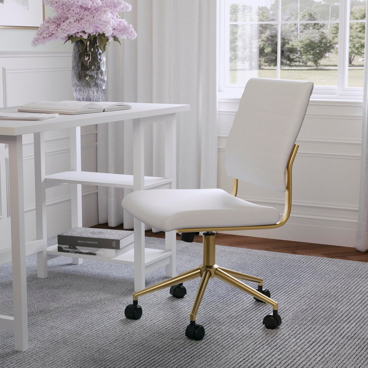Martha Stewart Ivy Armless Swivel Task Chair for Home Office in White Faux Leather with Polished Brass Frame