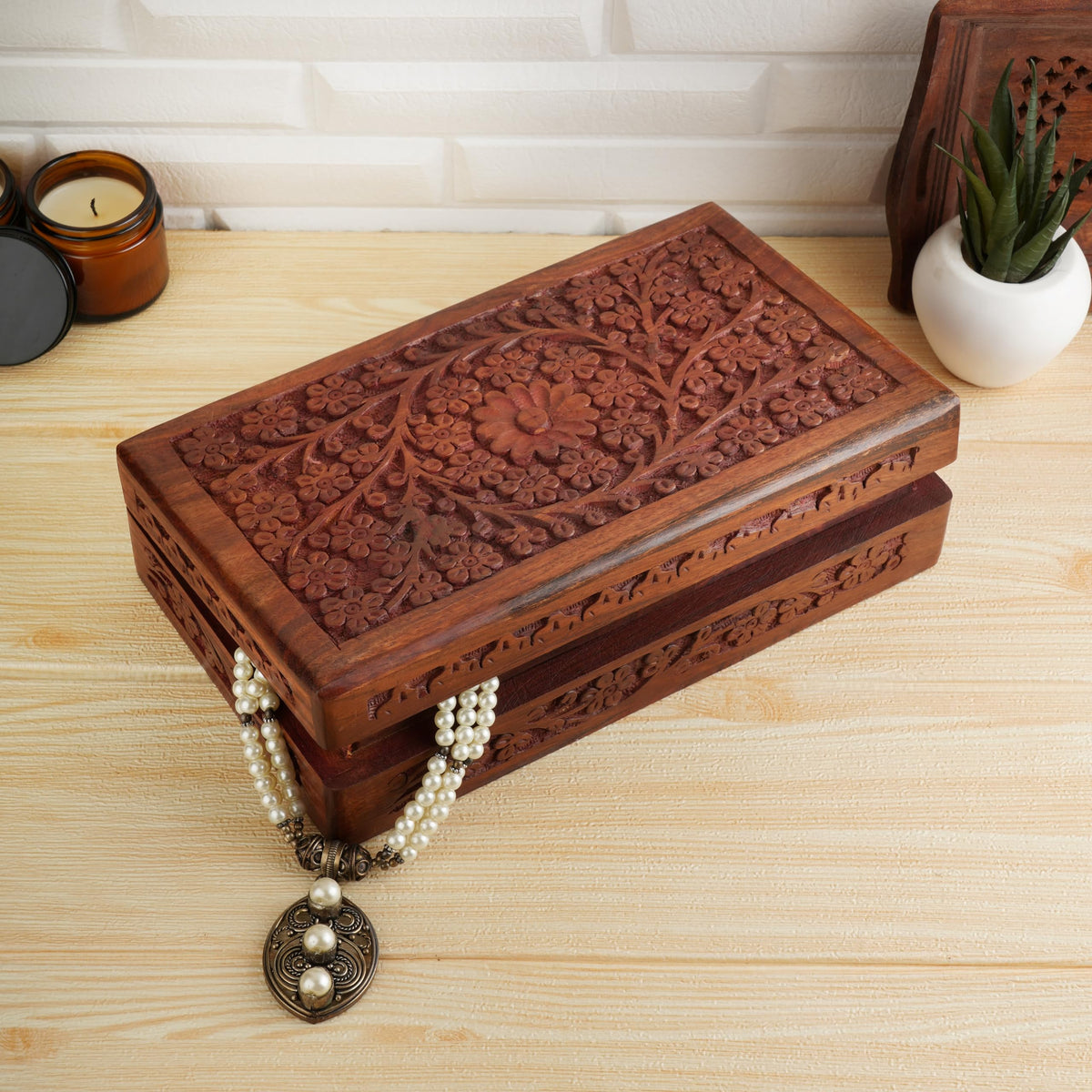 Ajuny Wooden Handcarved Decorative Jewelry Storage Box Flower Design Multipurpose Treasure Chest Keepsake Organizer Necklaces Watch Boxes Great for Gifts 8x5 Inch