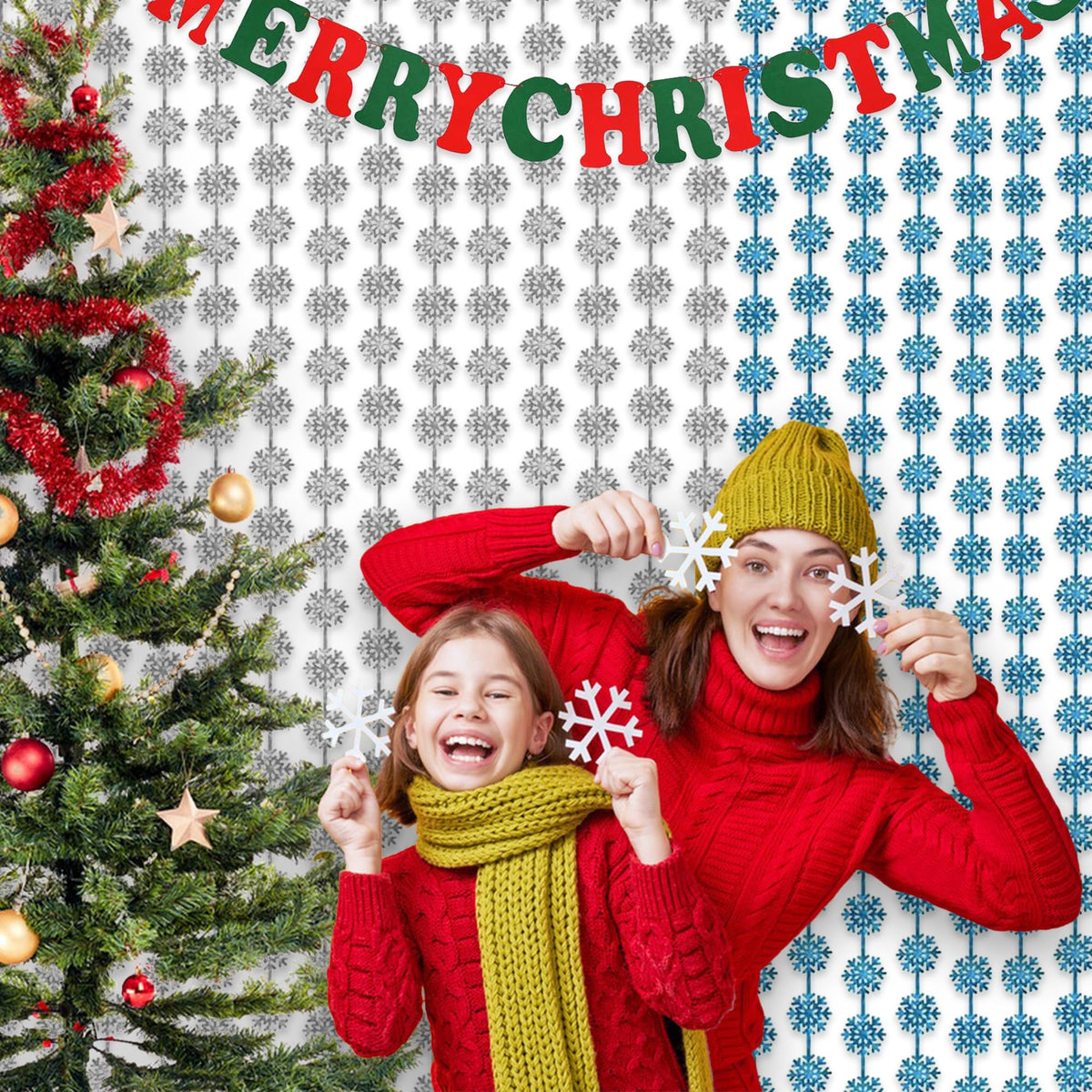 Silver Blue Snowflake Fringe Curtain - GREATRIL Winter Onederland Streamers Backdrop with Sparkling Snowflake for Christmas Birthdays Party Decoration -3.2ft x 6.5ft - 2 Pack