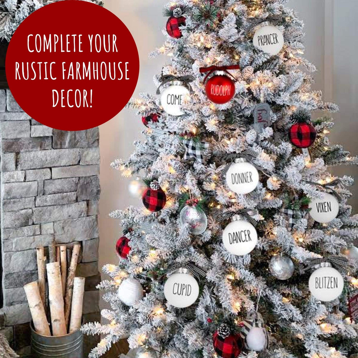 Buffalo Plaid Christmas Tree Ornaments - Set of 9 Shatterproof Bulbs - Farmhouse Reindeer Ornaments with Buffalo Check Bow - Compatible with Rae Dunn Rustic Decorations - Matte White & Red for Rudolph