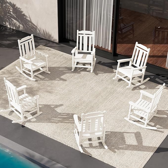 SERWALL Outdoor Rocking Chair Set of 6, Patio Rocking Chair Sets, HDPE Rocking Chair for Adults, White