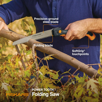 Fiskars Hand Saw, Folding Saw with Dual Position Locking Saw Blade for Overhand Cuts and Under Cuts and Power Tooth Blade with Triple Ground Teeth, Soft Grip 10-Inch Pruning Saw