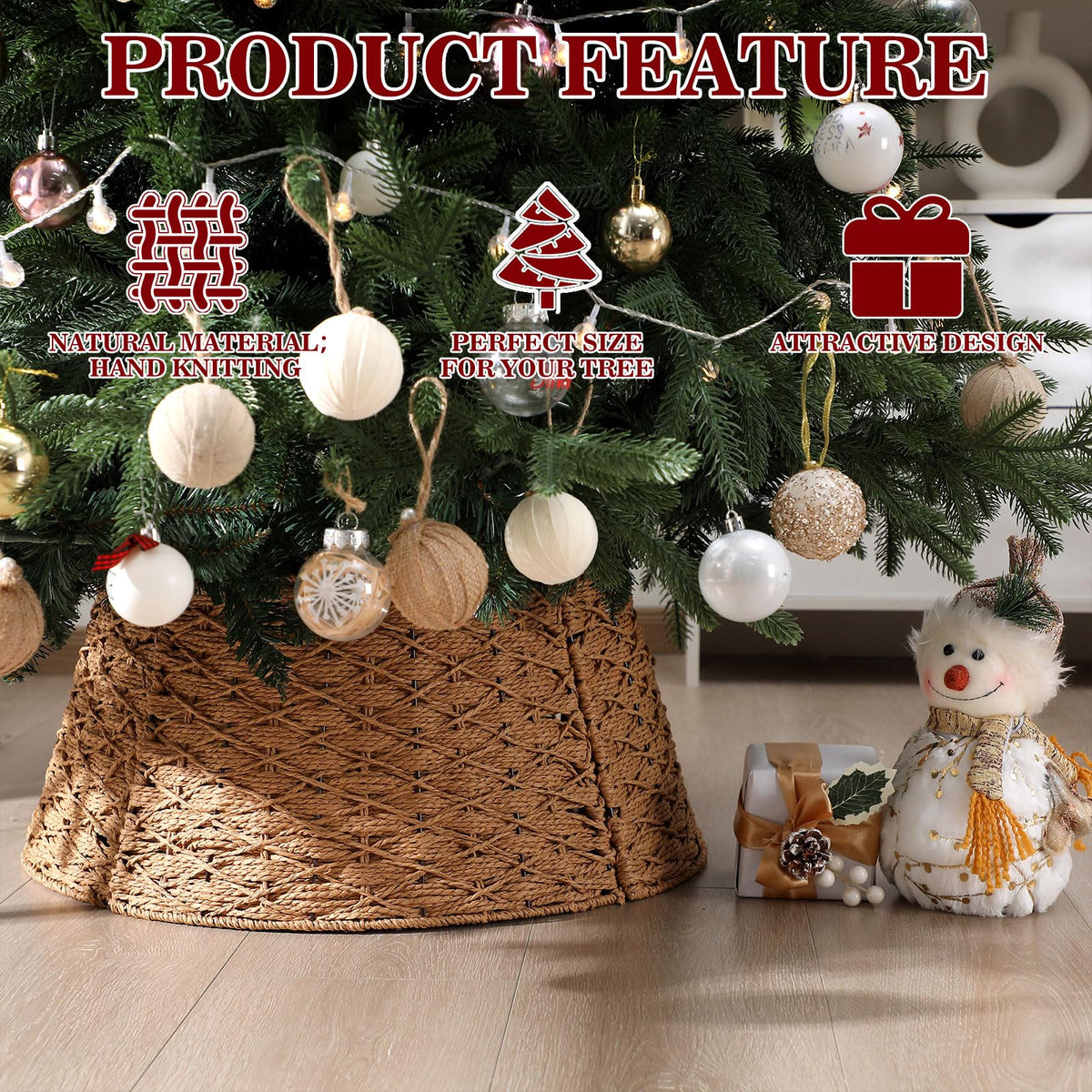 Poen Woven Rattan Christmas Tree Collar, Neutral Wicker Tree Skirt, Rustic Farmhouse Christmas Stand Base Cover Decor Handmade X-Shape Weave Design(Khaki,24 Inch)