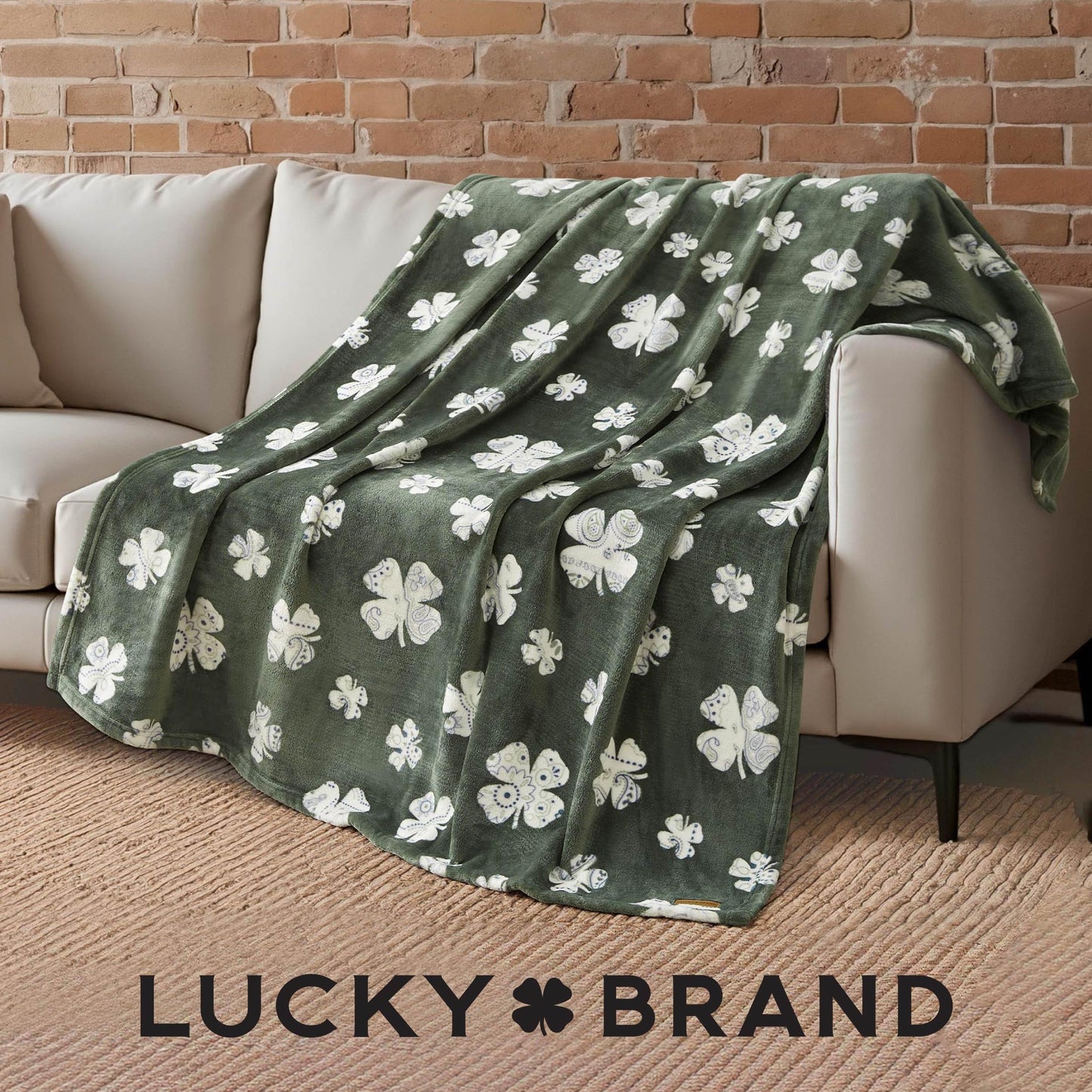 Lucky Brand 50" x 70" Plush Throw Blanket, Clover Green Blanket for Sofa or Bed