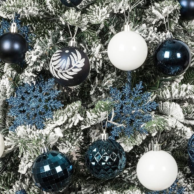 SY CRAFT 86 Pieces of Assorted Shatterproof Christmas Ball Snowflake Ornaments Seasonal Decorative Hanging Ornament Set with Hand-held Gift Package for Xmas Tree Decorations - Dark Blue