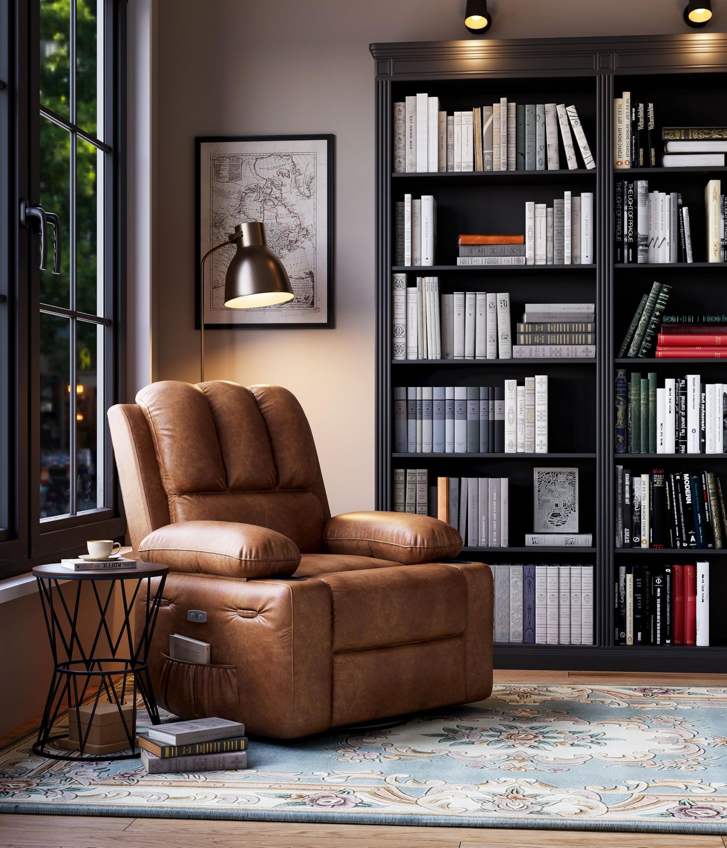 IDEALHOUSE Power Recliner Chair with Massage and Heat, Leather Fabric Reclining Sofa Chair, 360° Swivel Recliner Chairs with Cup Holder for Living Room, Bedroom, Nursery, Retro Brown