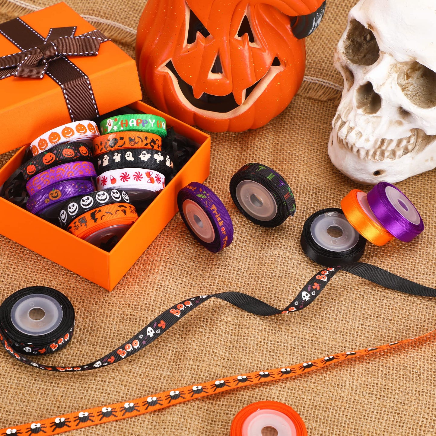 SANNIX 18 Rolls 90 Yards Halloween Ribbon Printed Grosgrain Ribbons 3/8″ Wide DIY Craft Fabric for Halloween Party Decor Gift Wrapping Ribbon