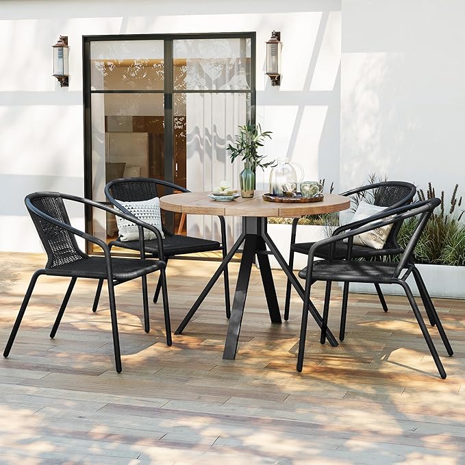 Amopatio Outdoor Dining Chairs Set of 6, Rattan Patio Chairs Wicker, Stackable Indoor-Outdoor Chair, Bistro, Deck, Yard, Porch, Restaurant Stack Chairs, Black