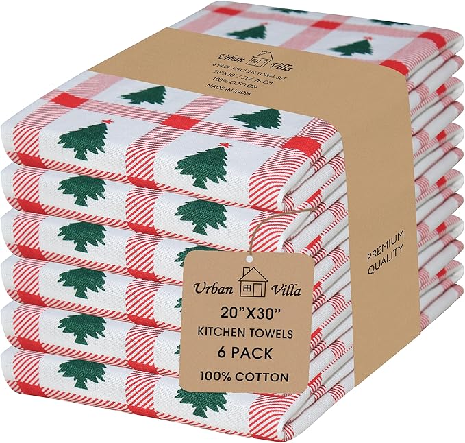 Urban Villa Christmas Kitchen Towels Christmas Tree Print Premium Quality 100%