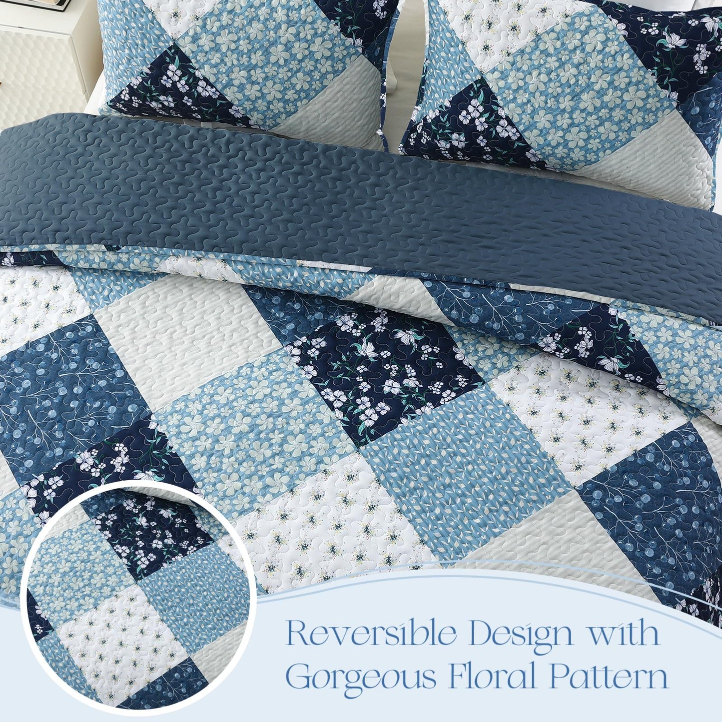 Exclusivo Mezcla Reversible Boho Quilts Queen Size, Blue Soft Bedspreads Lightweight Coverlet All Season Patchwork Quilt Bedding Set with Printed Floral Pattern (1 Quilt, 2 Pillow Shams)