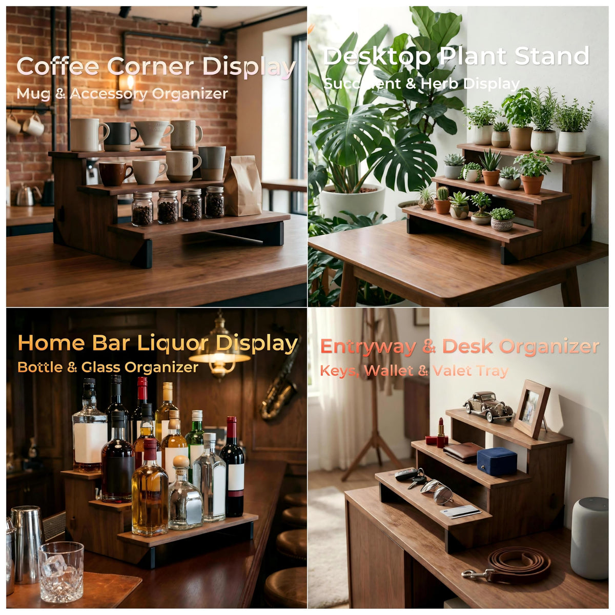 MiLiViNG 3 Tier Wooden Riser, Display Organizer Stand for Spice Jars, Coffee Bar, Perfume, Cupcakes, Vendor Display & Jewelry (15.7'' Spacious Long Size)