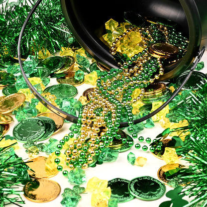 St Patrick's day 8" Black Cauldron Candy Kettle Set with Lucky Shamrock Plastic Coins Shamrock Garlands for St Patty Decorations, St. Patricks Day Party Favor