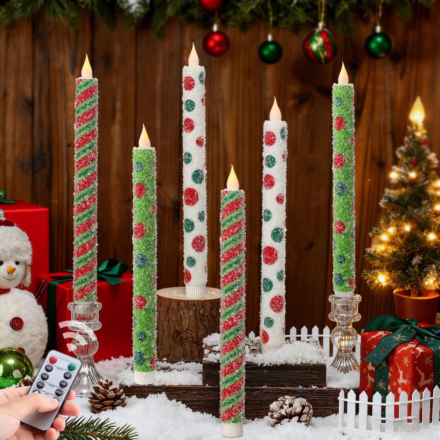Christmas Elf Flameless Taper Candles - 6PCS Glitter Christmas Green Elf Theme Flickering LED Battery Operated Sea Salt Candles with Remote, Real Wax Party Decoration Candlesticks, Xmas Table Decor