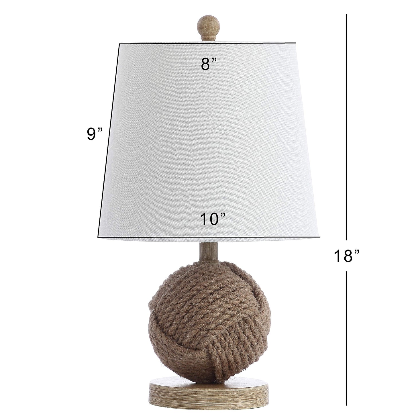 JONATHAN Y 18" Natural Monkey Fist Rope Ball LED Table Lamp, Coastal Nautical Iron and Rope Accent Lamp for Living Room Bedroom, White Linen Shade, LED Bulb Included JYL6500A