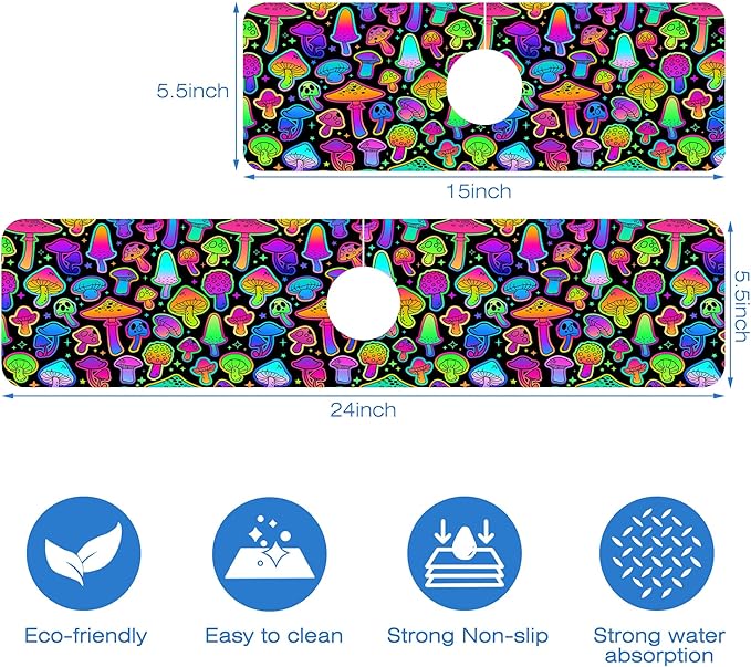 Bright Neon Mushroom Kitchen Sink Splash Guard Absorbent Fast Drying Mat Faucet