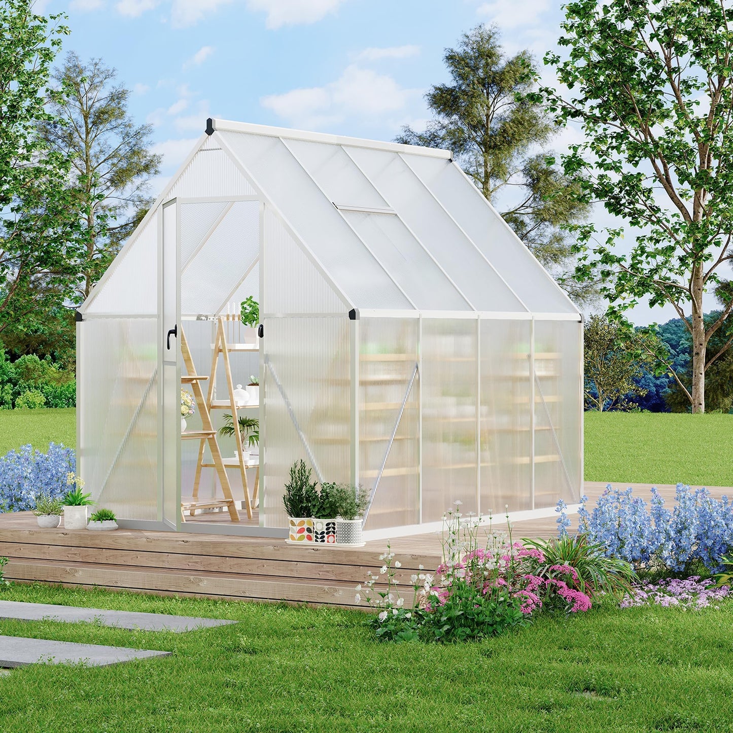 6x7 ft Heavy Duty Polycarbonate Walk-in Greenhouse with Reinforced Aluminum Frame, Adjustable Roof Vent, and UV Protection Panels for Outdoor Backyard Gardening and Year-Round Plant Care