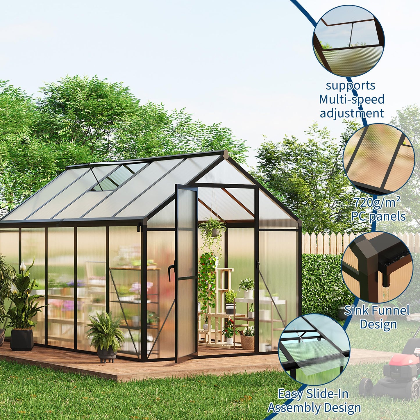 Greenhouse, 6x10 Ft Outdoor Greenhouses, Green House Kit, Portablee Greenhouse with Ground Nails and Vent Windows, Sliding Lockable Door, Polycarbonate Green House for Outside Garden Backyard, Black