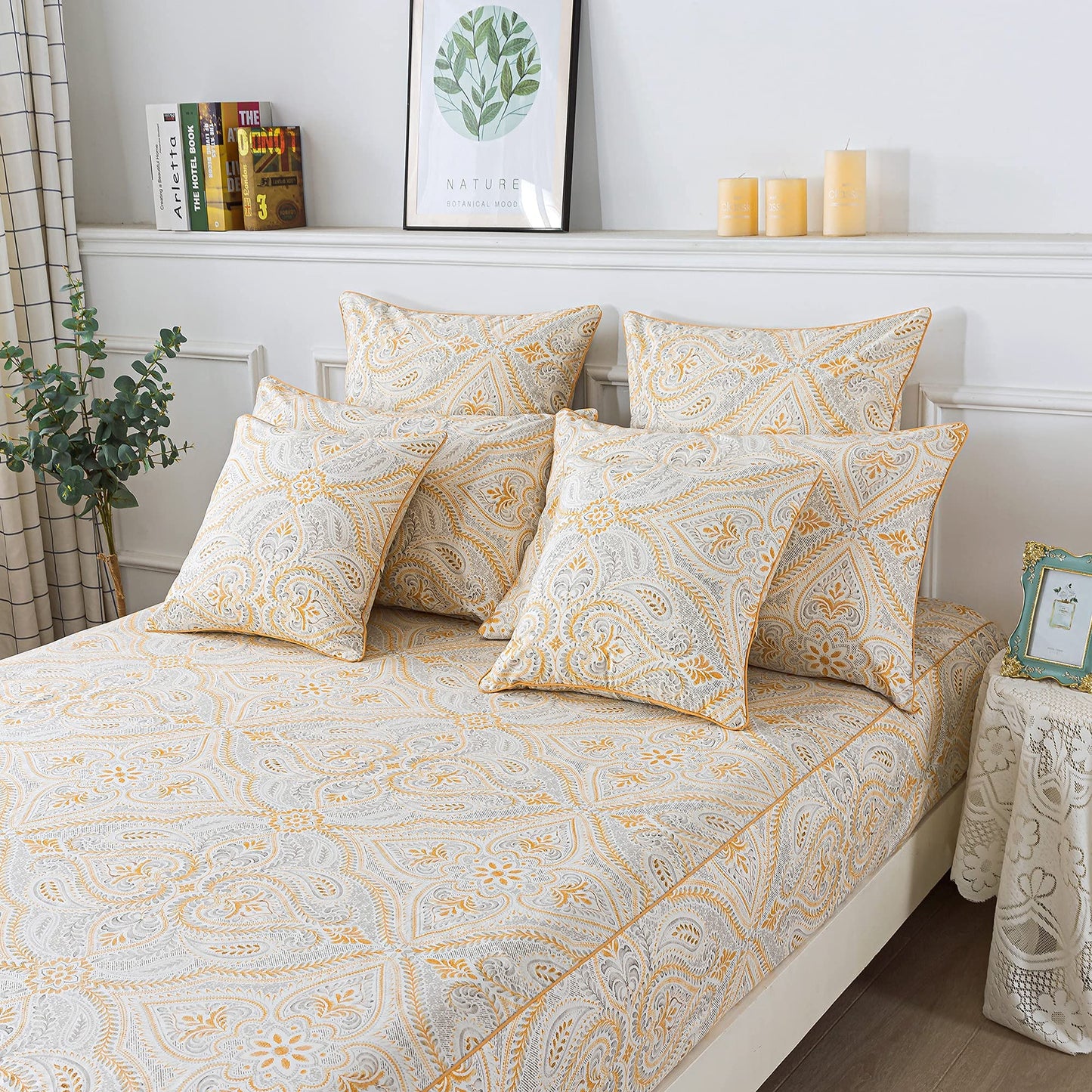 FADFAY Luxury Sheets Set Full Classical Damask Paisley Bedding Luxurious Gold Classy Paisley Bed Sheet Set Breathable 100% Cotton Ultra Soft Hypoallergenic Deep Pocket Fitted Sheet 4Pcs, Full Size