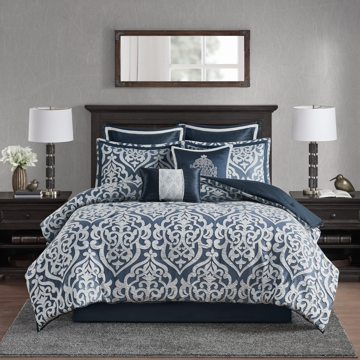 Madison Park Odette Cozy Comforter Set Jacquard Damask Medallion Design - Modern All Season, Down Alternative Bedding, Shams, Decorative Pillows, King(104 in x 92 in), Navy 8 Piece