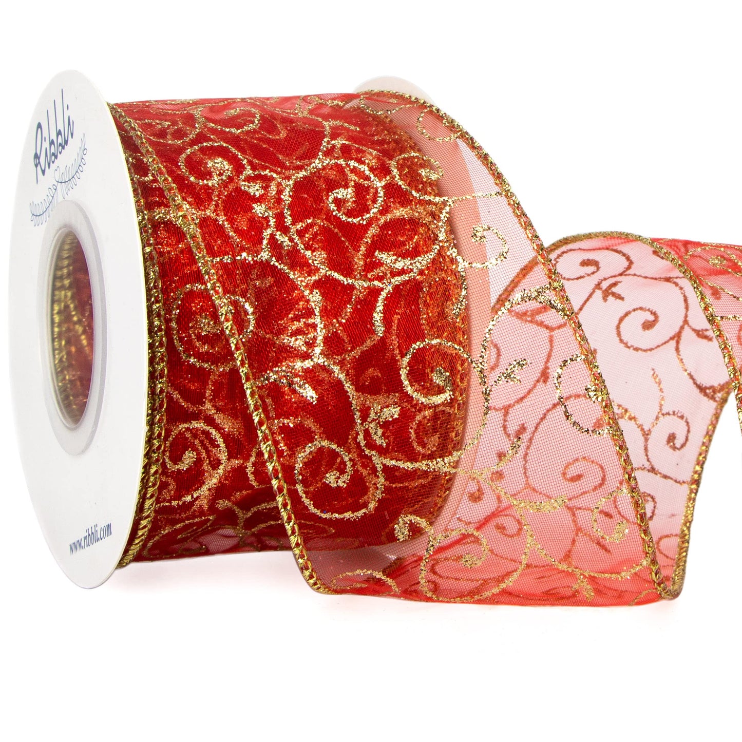 Ribbli Swirl Glitter Wired Ribbon, Red Organza Sheer with Gold Glitter Swirl Pattern and Gold Metallic Edge,2-1/2Inch x 10Yards Christmas Ribbon for Tree Decoration
