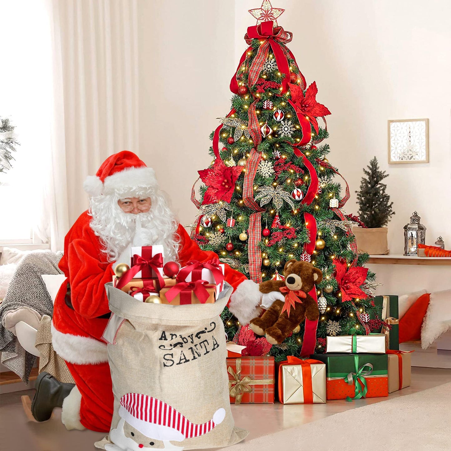 LessMo Christmas Santa Sack, Large Canvas Gift Bag with Drawstring, [Place to Write Wishes] Reusable Personalized Best Gift, for Xmas Package Storage, Christmas Party Supplies Favors