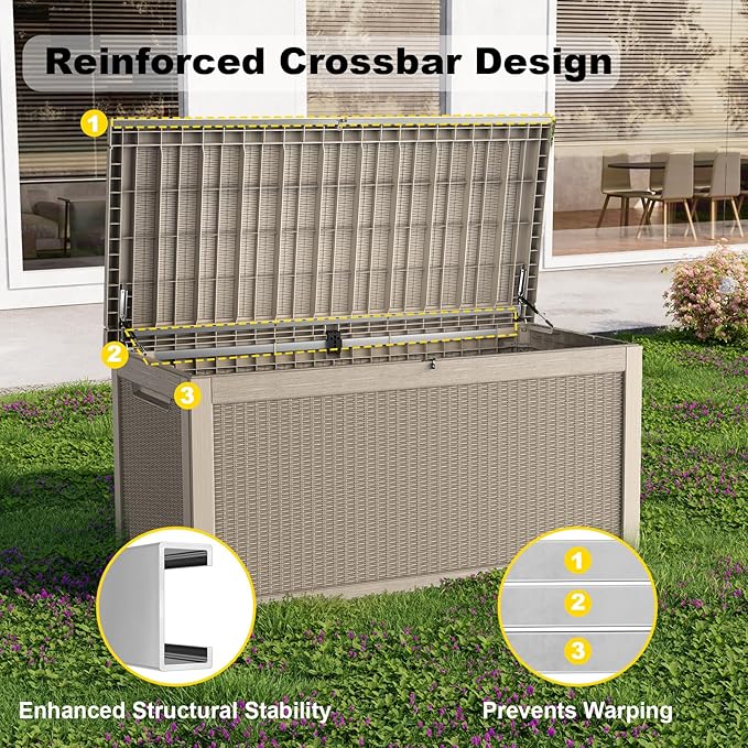 ROJIK Outdoor Storage Housing Deck Box,Waterproof Patio Furniture, Garden Tools, Cushions, Pool Accessories Storage Bench with Lockable Lid and Side Handles (Grey,320 Gallon)