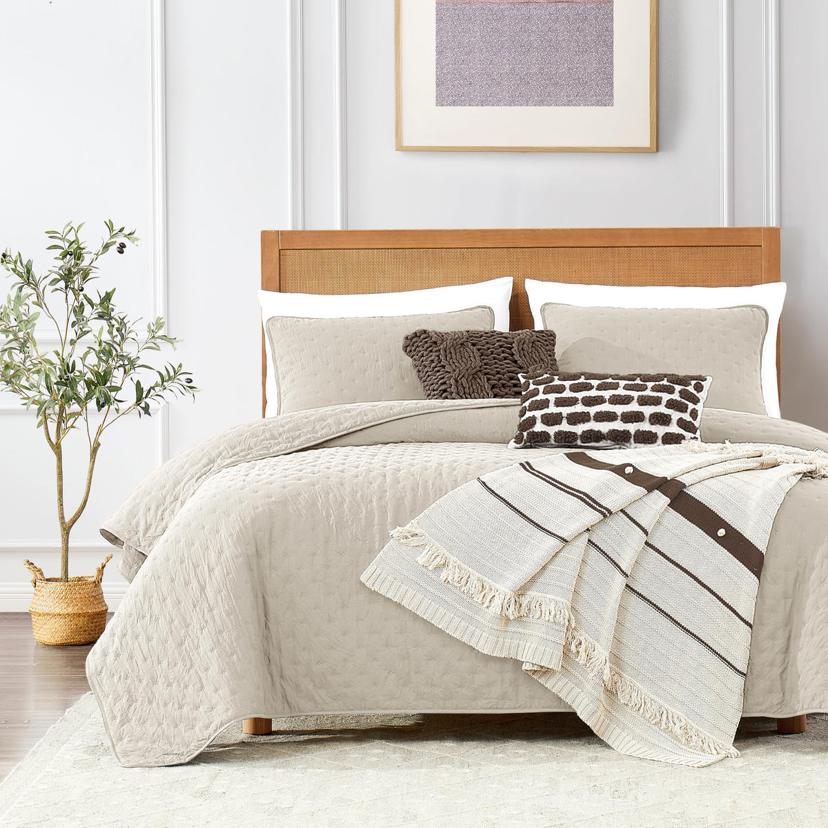 ROARINGWILD Beige Queen Size Quilt Bedding Set with 2 Pillow Shams, Full Lightweight Soft Microfiber Bedspread Coverlet, Thin Comforter Bed Cover for All Season, 3 Pieces, 90x90 inches