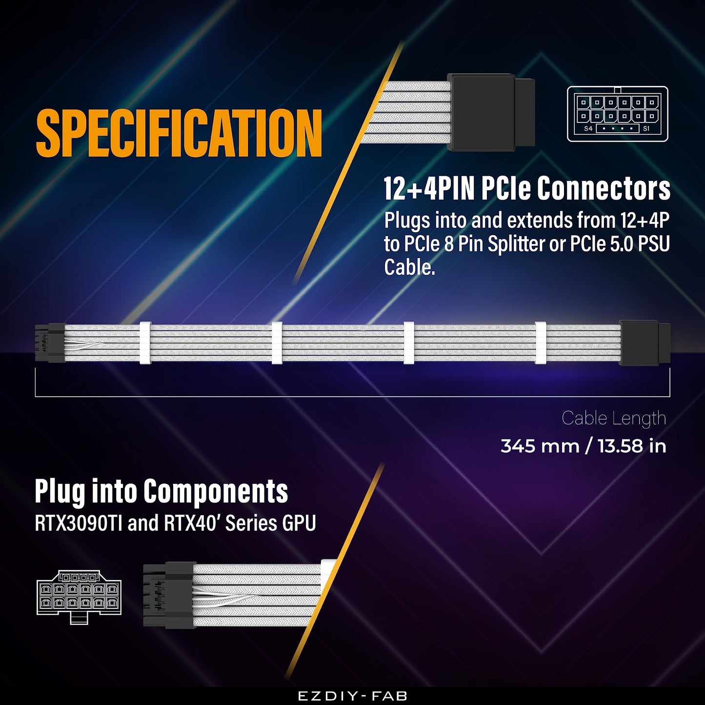 EZDIY-FAB 16pin (12+4) 12VHPWR PCIe 5.0 GPU Power Sleeved Cable Extension, Male to Female, Compatible with RTX 5080, 5070, 4090, 4080, 4070,16AWG with Cable Combs-White