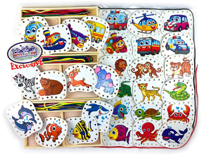 Matty's Toy Stop Deluxe Lacing Shapes (10 Count) Vehicles, Fish & Jungle Animals Educational Gift Set Bundle - 3 Pack (30 Shapes Total)