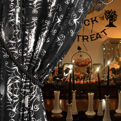 NICETOWN Black Sheer Halloween Curtains with Silver Spider Foil Print, Grommet Flowing Voile Sheer Window Treatment for Gothic Bedroom, W54 x L84, 2 Panels