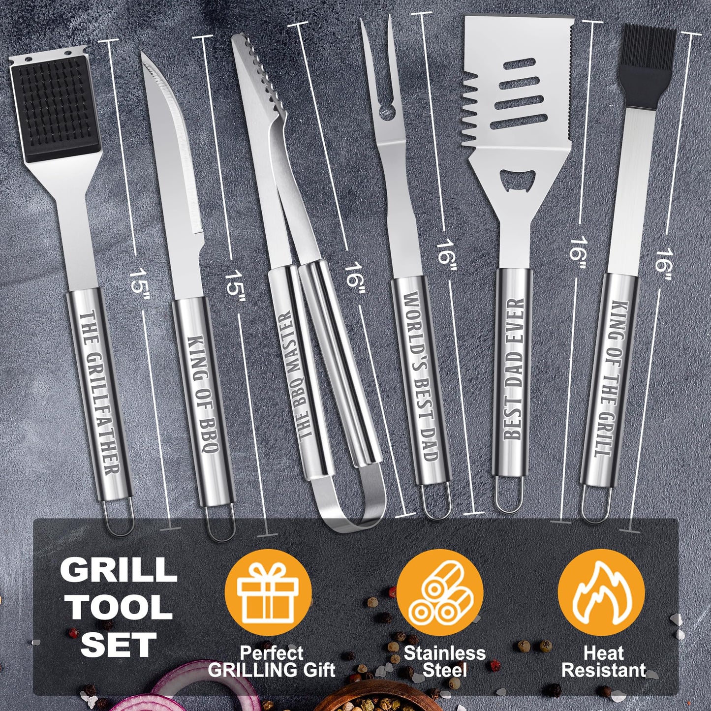 Dad Gifts, Dad Birthday Gifts from Daughter Son Heavy Duty Grilling Accessories Kit for Backyard BBQ, Thick Stainless Steel Grill Utensils with Non-Slip Handle Tool for Man on Christmas