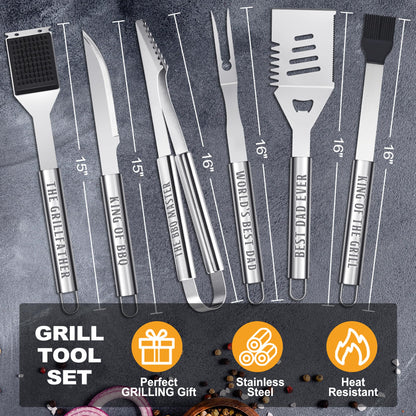 Dad Gifts, Dad Birthday Gifts from Daughter Son Heavy Duty Grilling Accessories Kit for Backyard BBQ, Thick Stainless Steel Grill Utensils with Non-Slip Handle Tool for Man on Christmas