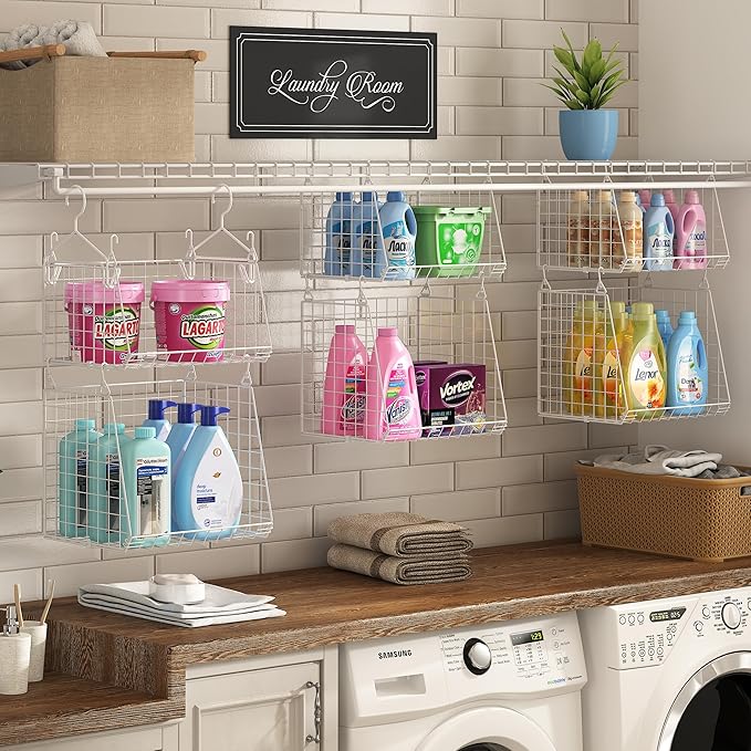 4-Tier Hanging Laundry Room Organizer: Foldable Wire Shelf Basket