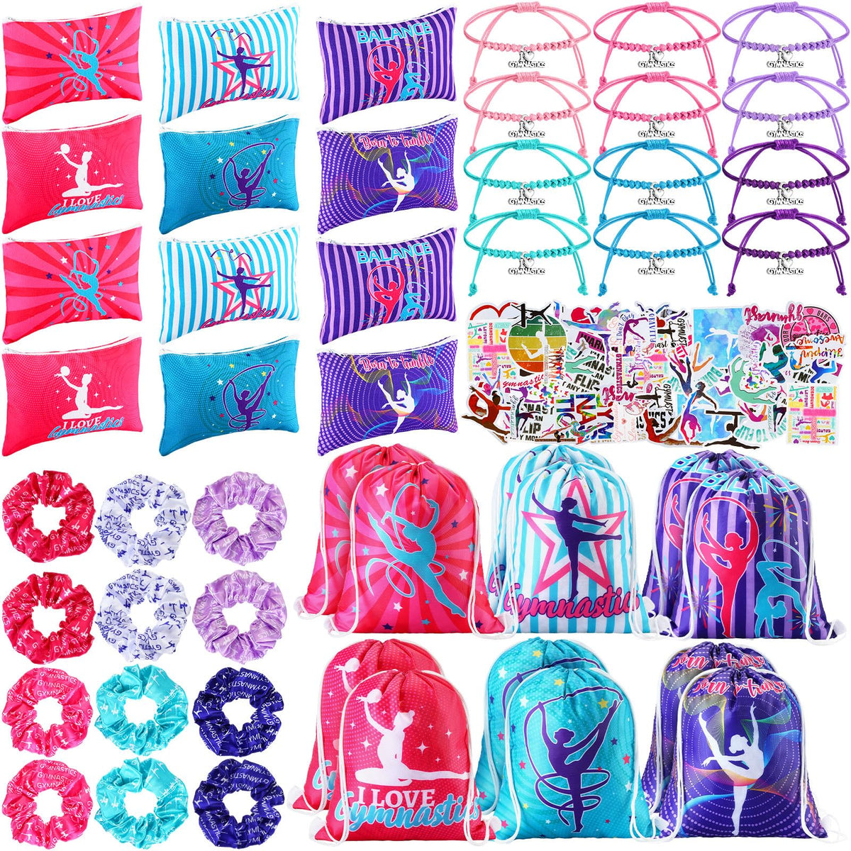Abbylike 49 Pcs Gymnastics Party Favor Set 12 Makeup Bag 12 Bracelet 12 Drawstring Backpack 12 Hair Ties 1 Set Gymnastic Stickers for Women Girl Gym Sport Yoga