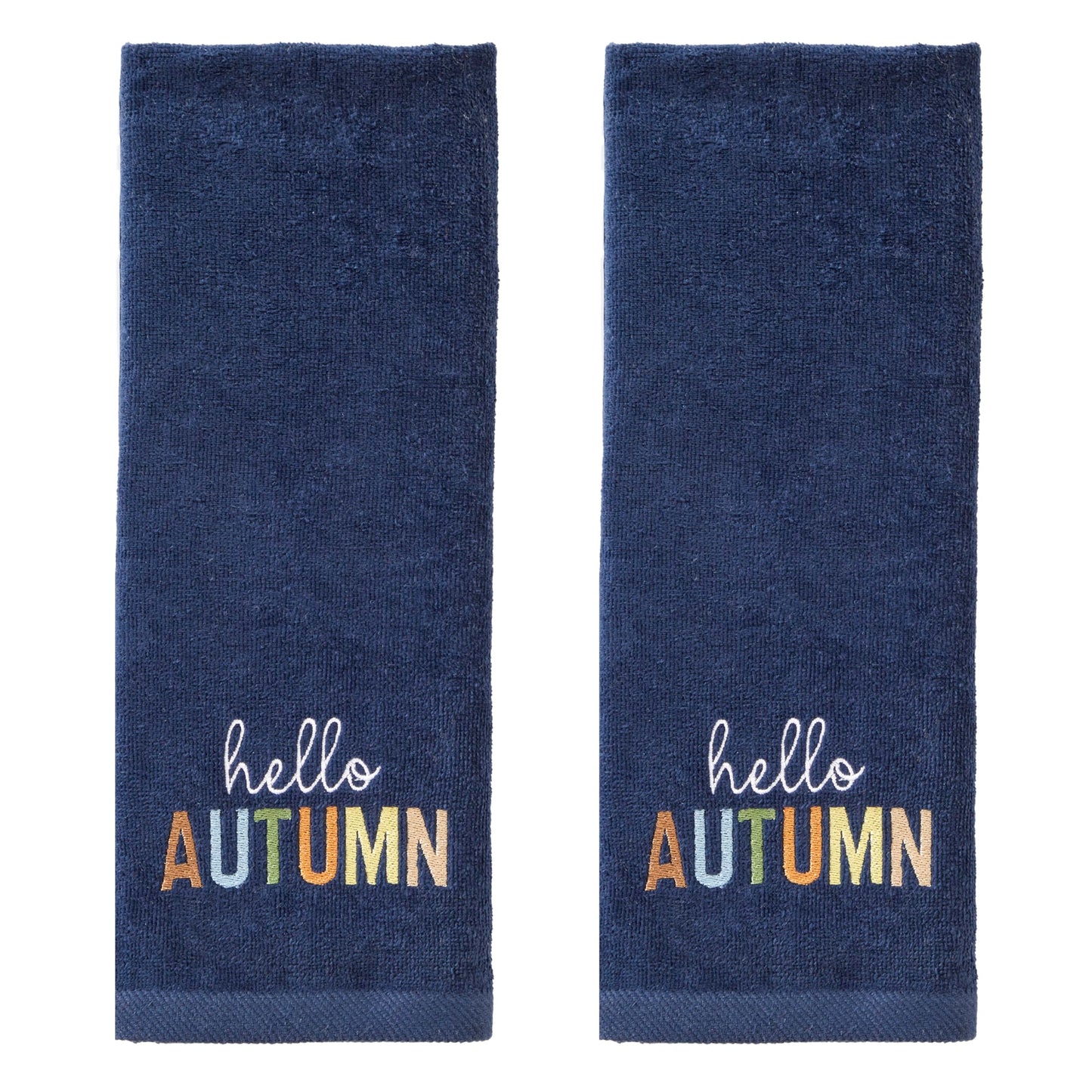 SKL Home Fall/Harvest Hello Autumn 100% Cotton Embroidered 2pc Hand Towel Set, Decorative for Bath/Kitchen/Bar & Gift, Navy