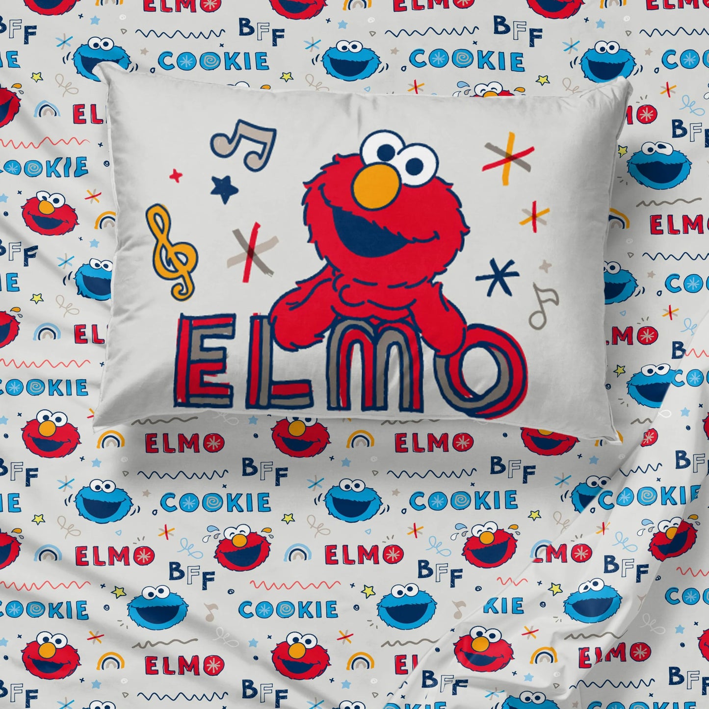 Sunny Side Up Sesame Street Twin Sheet Set - 3 Piece Kids Bedding Set Includes Pillow Cover – Super Soft Microfiber Sheets with Elmo, Cookie Monster and Big Bird