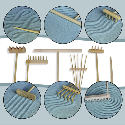 Oasis of Calm Zen Garden Kit. 11x8 Inch Beautiful Premium Japanese Decor Mini Meditation Gifts Set. Home, Office Desk Accessories. Zen Decor Sand Garden. Aqua Blue Sand, 6 Tools, 6 Features incl rocks