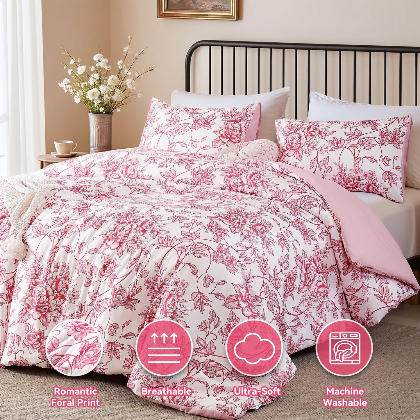 JANZAA King Size Comforter Set - Pink Floral Comforter, 3 Piece Cute Floral Bedding for All Season, 1 Soft Fluffy Breathable Microfiber Comforter Set with 2 Pillow Shams