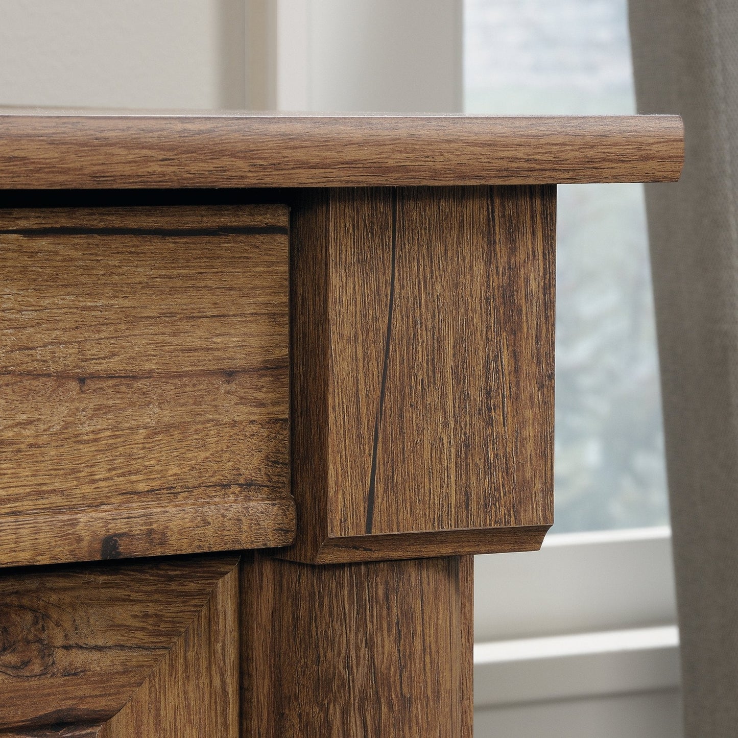 Sauder Palladia Computer Desk with Drawers, Home Office Desk with File Cabinet Storage Drawer, Cable Management, Keyboard Tray, in Vintage Oak finish