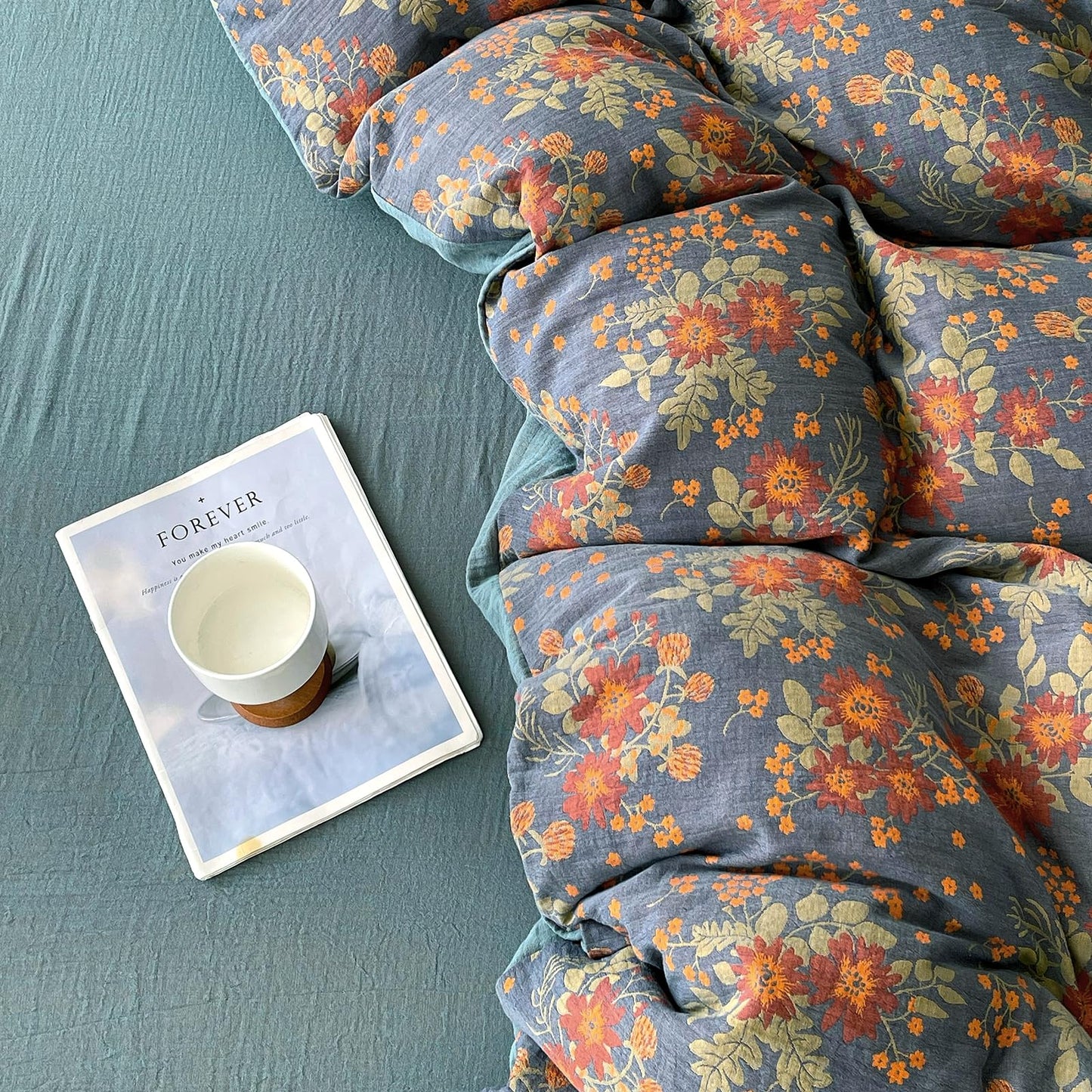 VM VOUGEMARKET Rustic Double Layer Gauze Jacquard Duvet Cover Queen, Dusty Slate Blue with Retro Orange Floral Print, Soft Breathable Boho Comforter Cover with Zipper&Ties